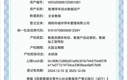 “綿陽(yáng)停車(chē)”數(shù)據(jù)資產(chǎn)成功確權(quán)